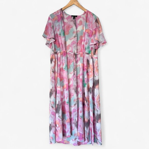 Torrid Sheer Textured Chiffon Kimono Duster in Watercolor Tie-Dye Print Size 10 - Picture 3 of 12